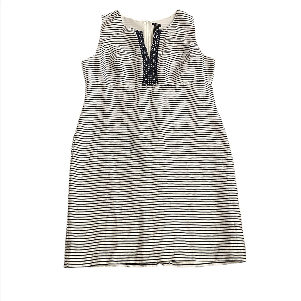 Ann Taylor women’s Sz 16 Navy Blue & White striped V Neck A Line Midi Dress